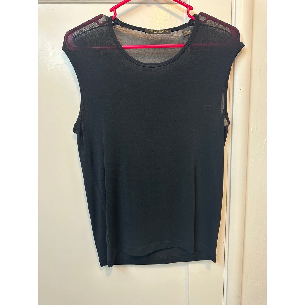 Donna Karan New York Womens XS Black Sleeveless Sheer Mesh Yoke Shell Top USA